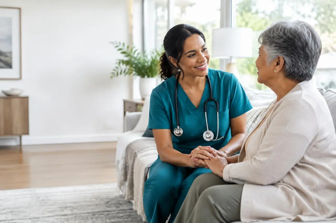 Nurse speaking warmly with a patient at home
